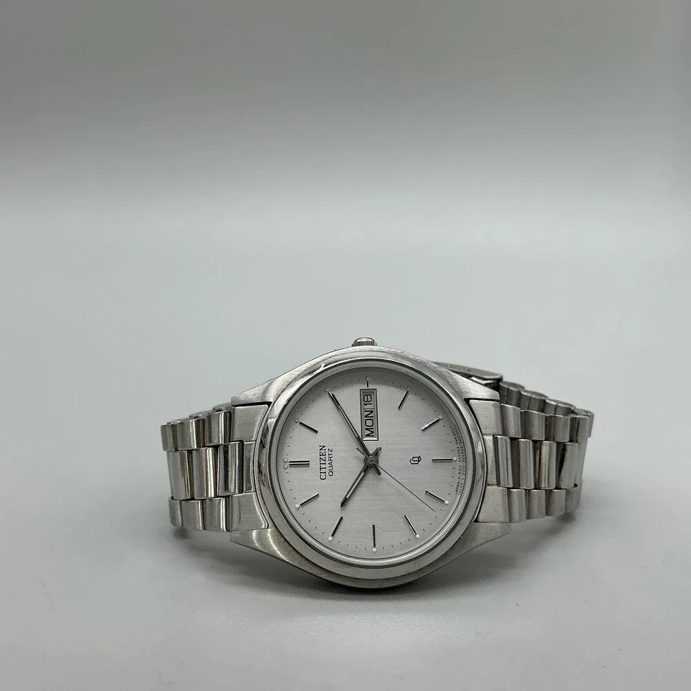 Vintage Citizen Mens Watch 35mm 4-S13823 Stainless Day Date New Battery 7